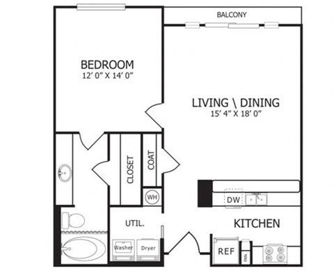 Floor plan for 1 bed, 1 bath, 716 sqft